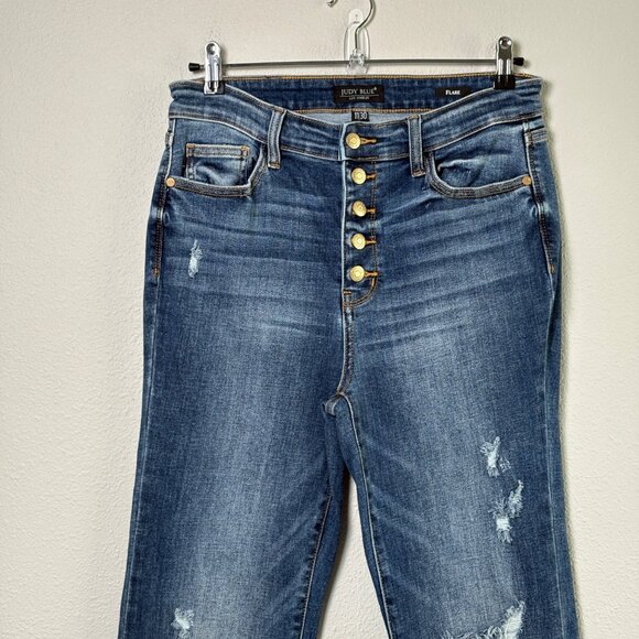Judy Blue Flare Jeans Button Fly Size 11 30 Blue Denim Frayed High Rise Hippie - Picture 2 of 11